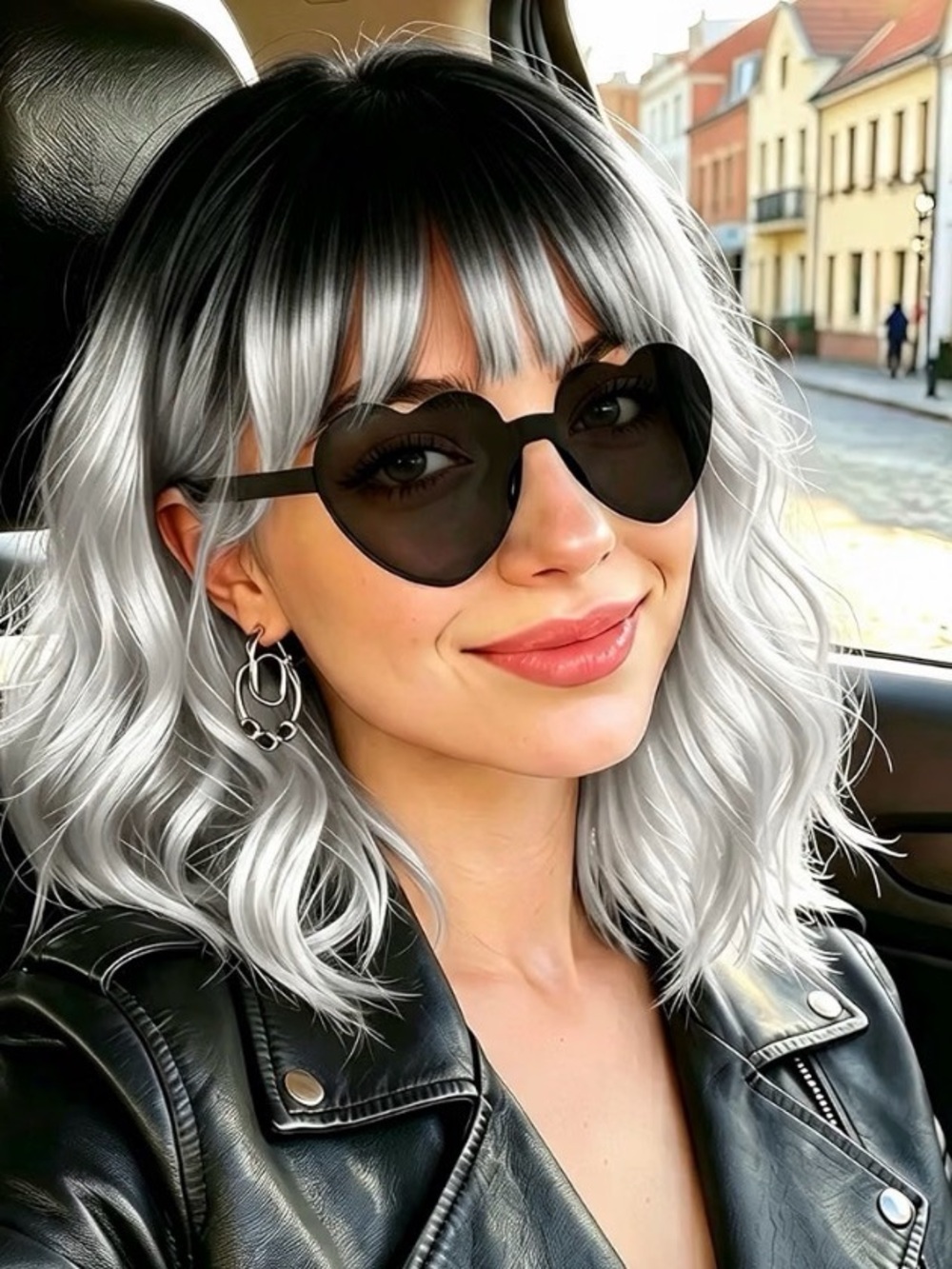 New Silver Grey Wavy Bob Wig with Bangs and Heart Sunglasses Party Festival